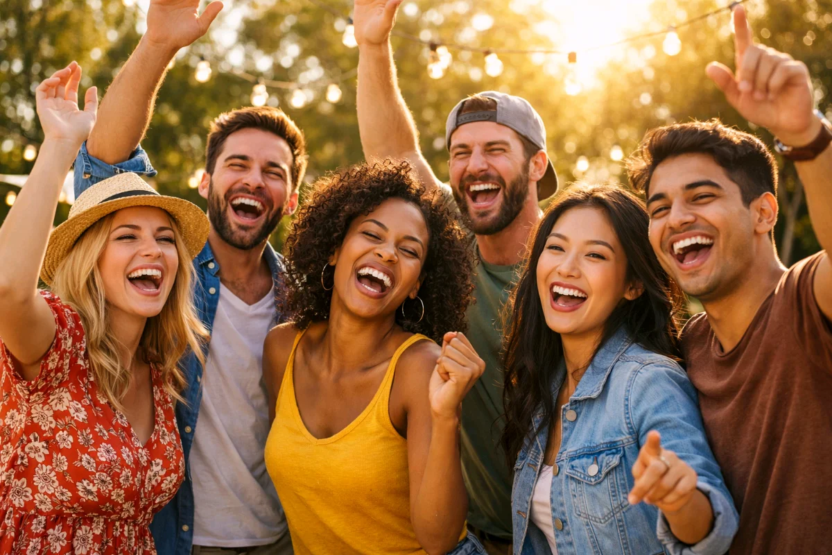 Happy people smiling and laughing together in an outdoor setting, showing friendship, joy, and a positive social mood in a natural daylight environment.