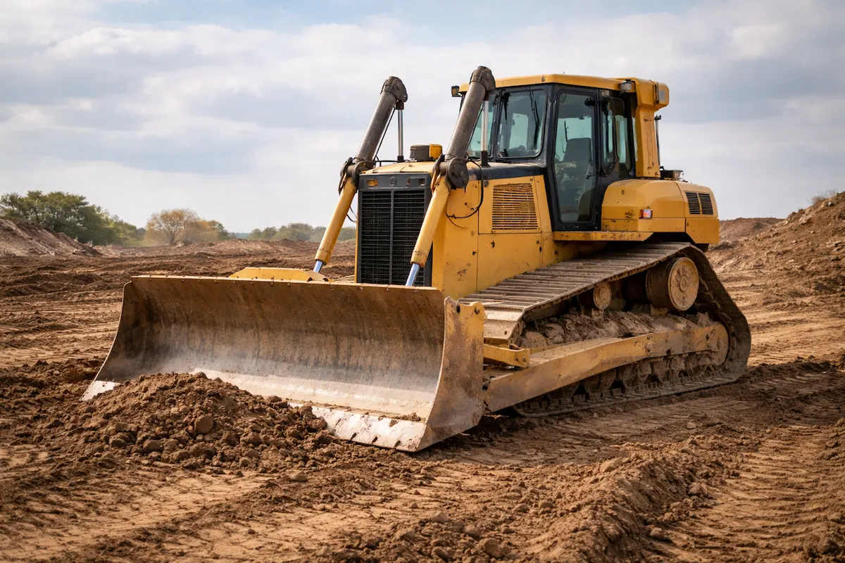 Yellow bulldozer with a wide metal blade pushing dirt on a construction site, representing heavy construction machinery used for earthmoving and land leveling.
