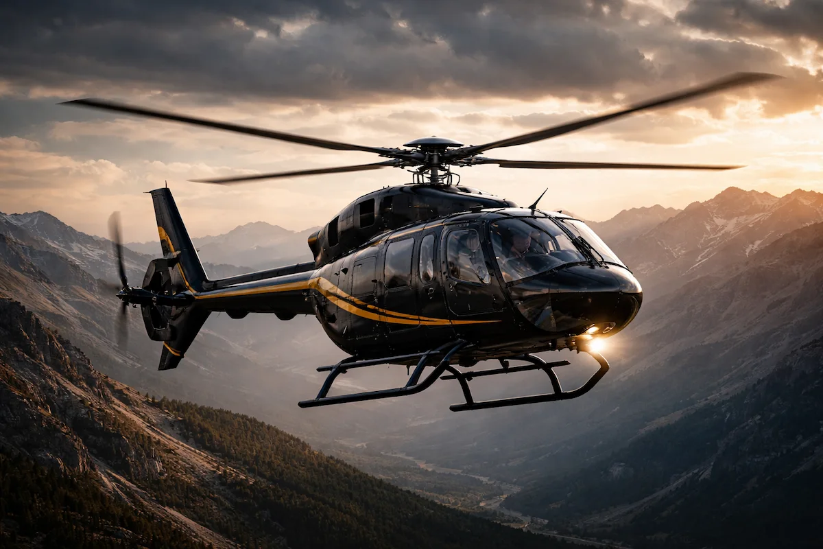 Helicopter flying over a mountain landscape at sunset, showing rotating blades, landing skids, cockpit lights, and layered mountain scenery below.