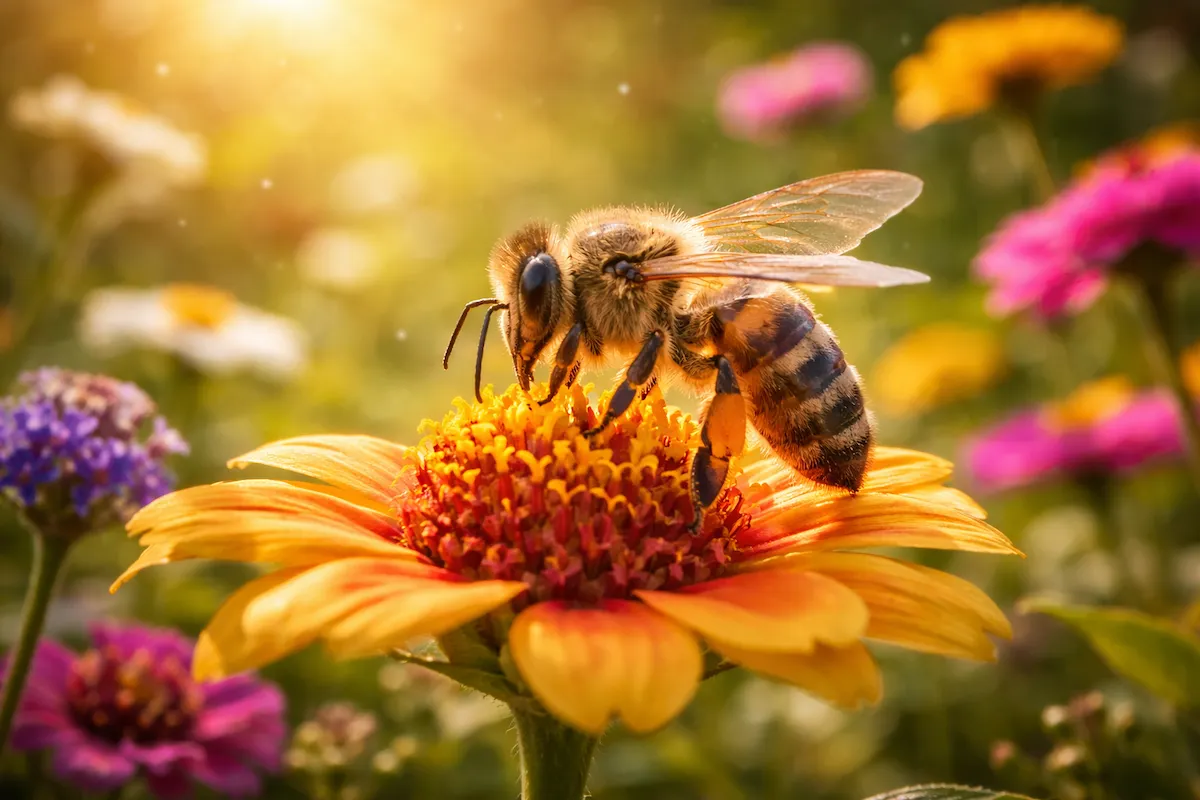 Realistic illustration of a honeybee on a colorful flower, showing translucent wings, striped body, and pollen-covered legs in a sunlit garden setting.