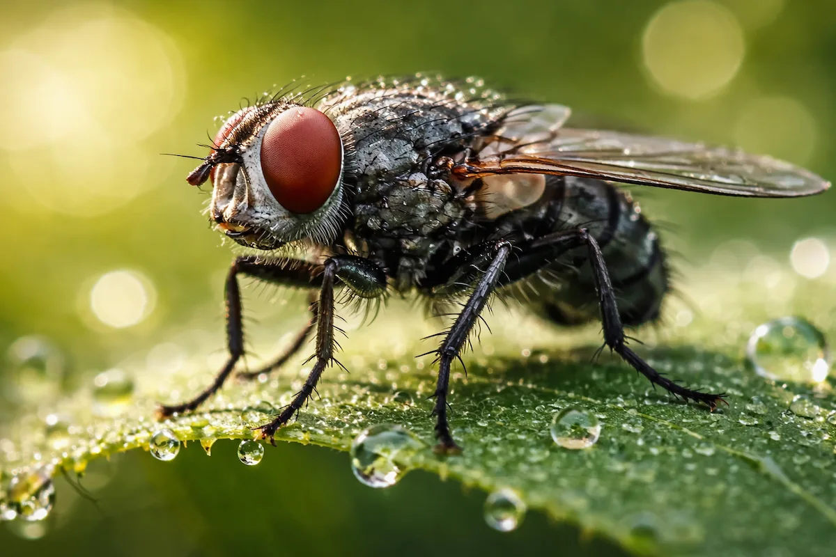 Macro illustration of a fly on a green leaf, showing its red compound eyes, clear wings, hairy body, and slender legs with water droplets in the background.