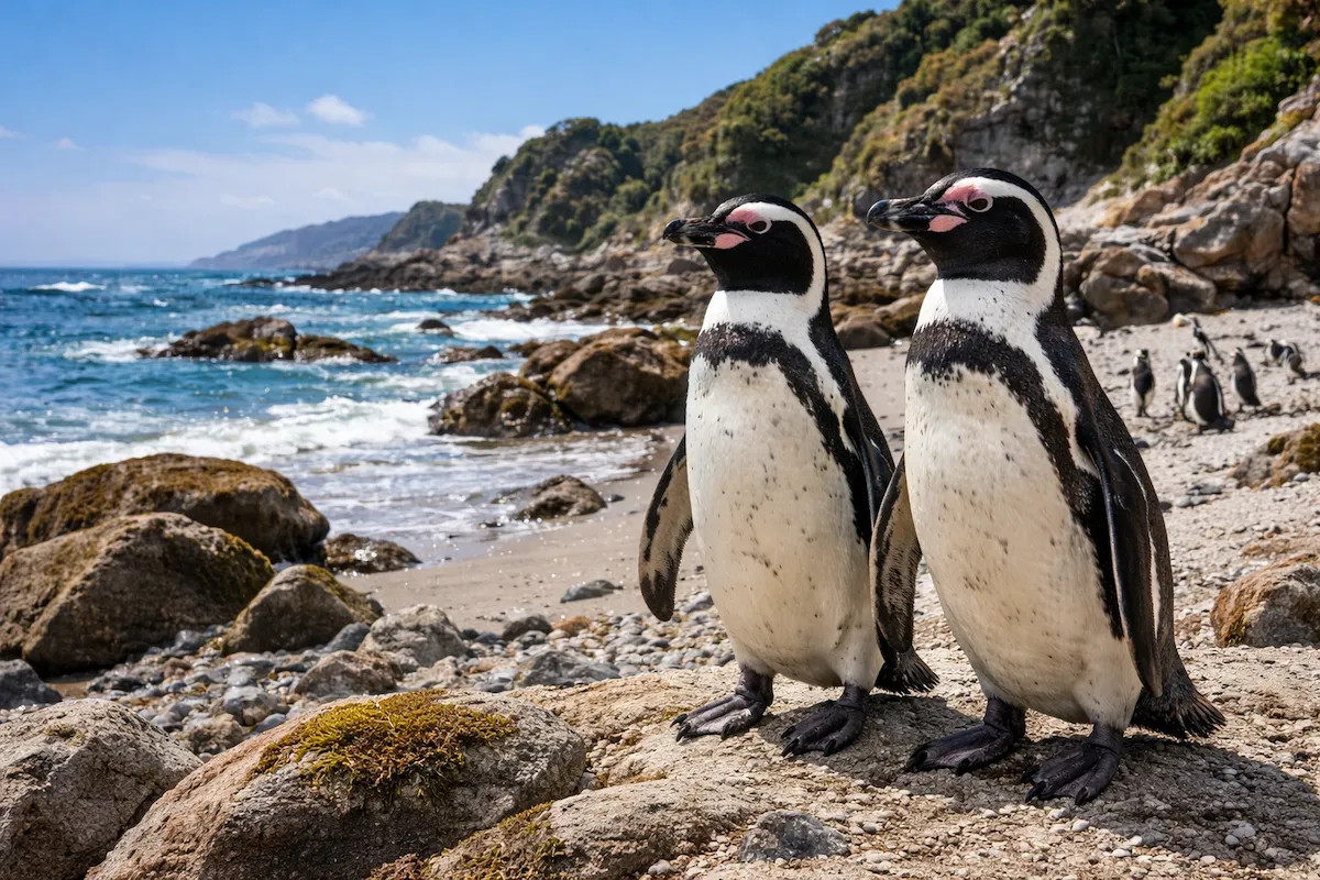 Two Humboldt penguins standing on a rocky beach near the ocean, displaying their black-and-white plumage, pink facial patches, and sturdy bodies against a coastal landscape.