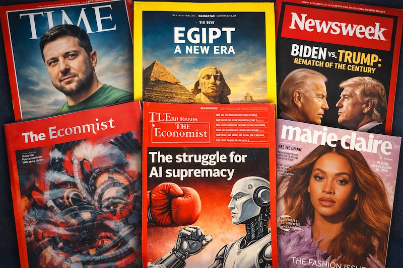 A wide layout of several international magazine covers arranged side by side, showing different themes such as news, politics, fashion, and technology.