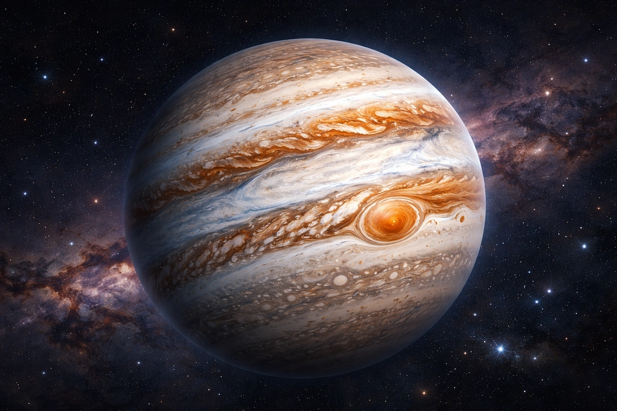 Landscape illustration of the planet Jupiter showing its colorful cloud bands, massive Great Red Spot storm, and surrounding stars in deep space.