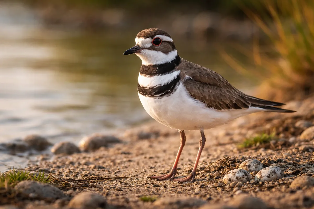 A killdeer bird standing on a sandy shoreline beside speckled eggs, showing distinctive black chest bands, a red eye ring, and shallow water in the background.