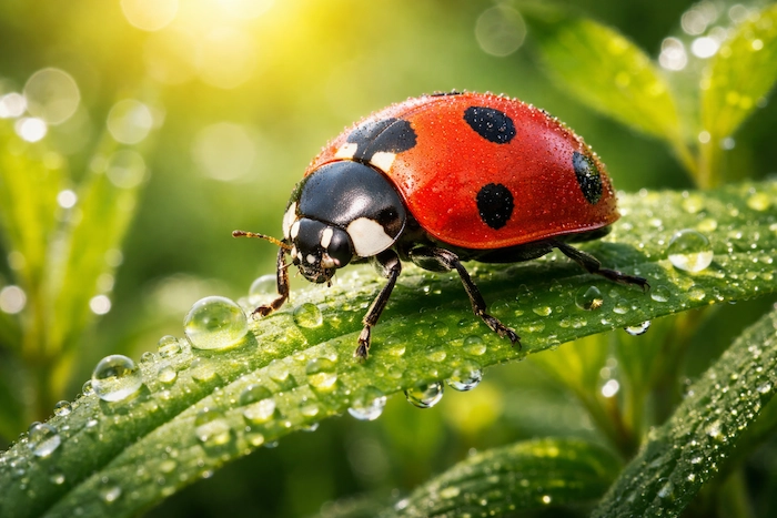 Close view of a ladybug on a green leaf