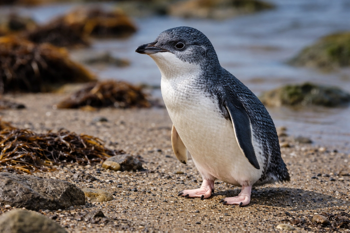 A little blue penguin standing upright on a sandy beach near the water, showing its small body, blue-gray feathers, pale chest, and pink feet in a coastal environment.