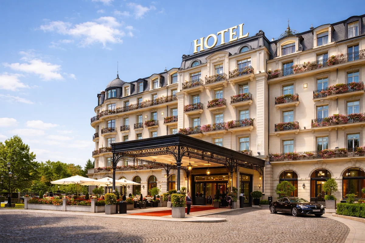 Daytime exterior of an elegant hotel with European-style architecture, balconies with flowers, a main entrance canopy, and a clean, well-lit facade.