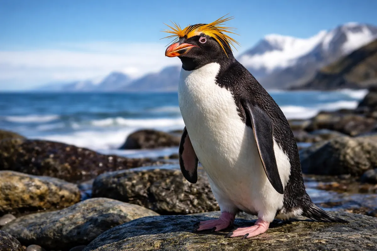 Landscape photo of a macaroni penguin on coastal rocks, showing its distinctive yellow crest, black-and-white feathers, and ocean background.