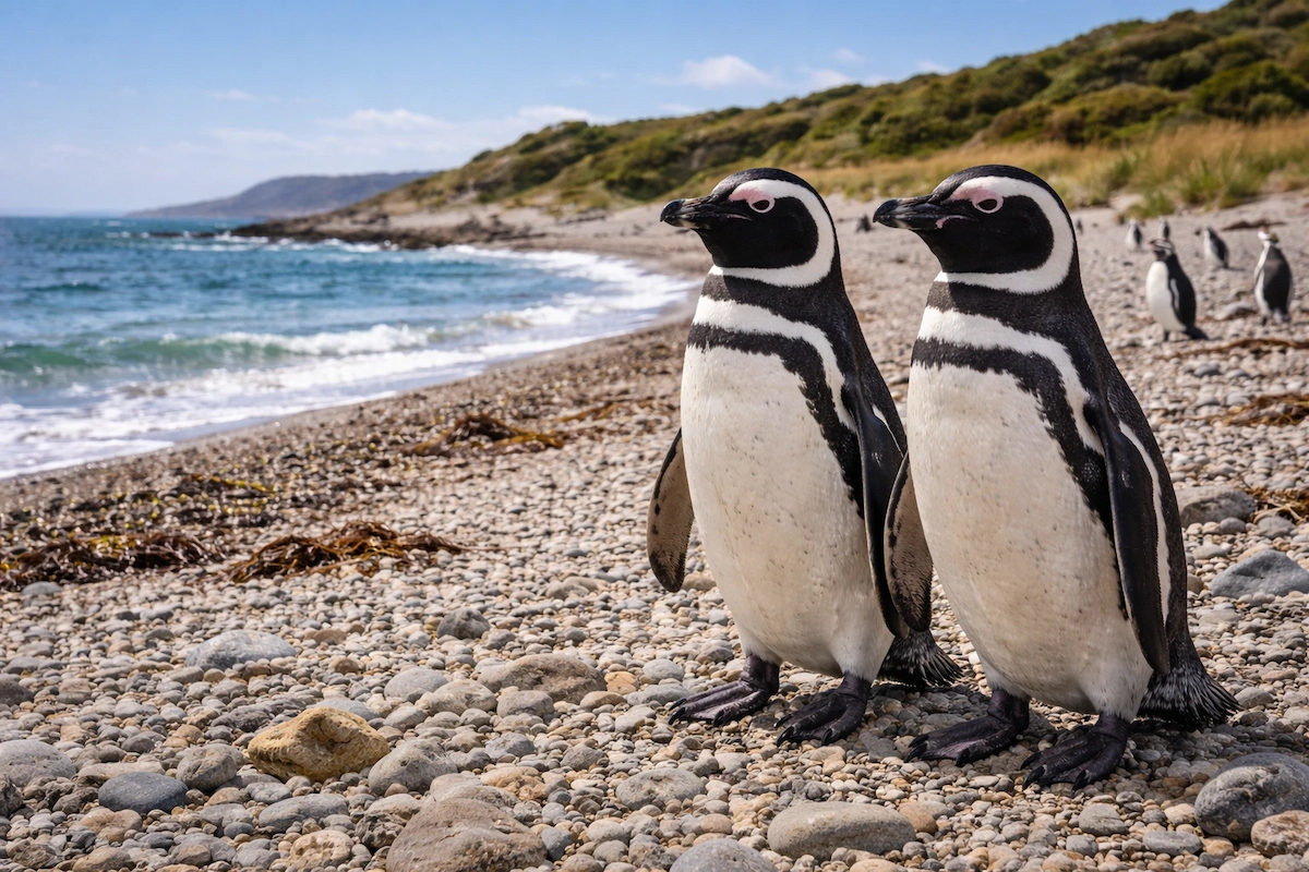 Two Magellanic penguins standing side by side on a rocky pebble beach near the sea, featuring their distinctive black-and-white bands and sturdy bodies in a coastal habitat.