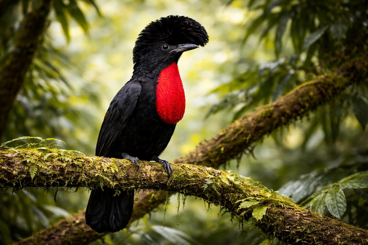 Male umbrellabird centered on a mossy tree branch with a large black crest and bright red throat wattle, photographed in a lush tropical rainforest setting.