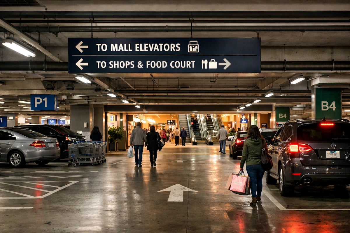 Landscape photo of a modern overseas mall basement parking area with cars, directional signs, escalators, and shoppers moving toward the mall interior.