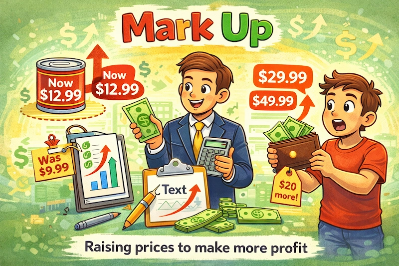 Cartoon showing the meaning of mark up, with price tags rising, money changing hands, and a seller calculating higher prices for profit.