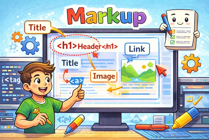 Cartoon of a developer pointing at a screen with HTML-style tags and labels, illustrating markup as the structure behind titles, links, and images.