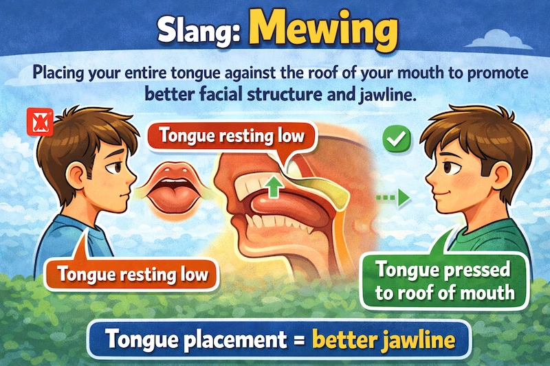 Educational cartoon explaining mewing slang, showing tongue posture inside the mouth and side profile comparison to help learners understand the concept visually.