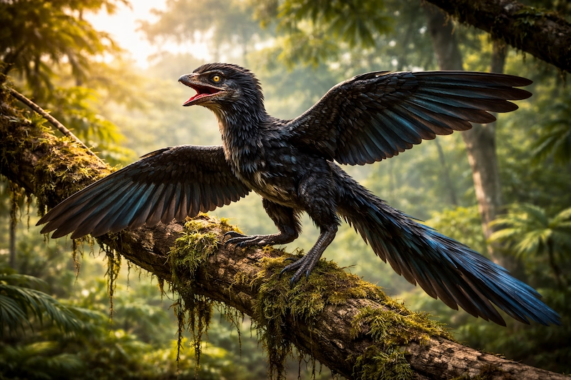 Microraptor perched on a tree branch in a prehistoric forest scene