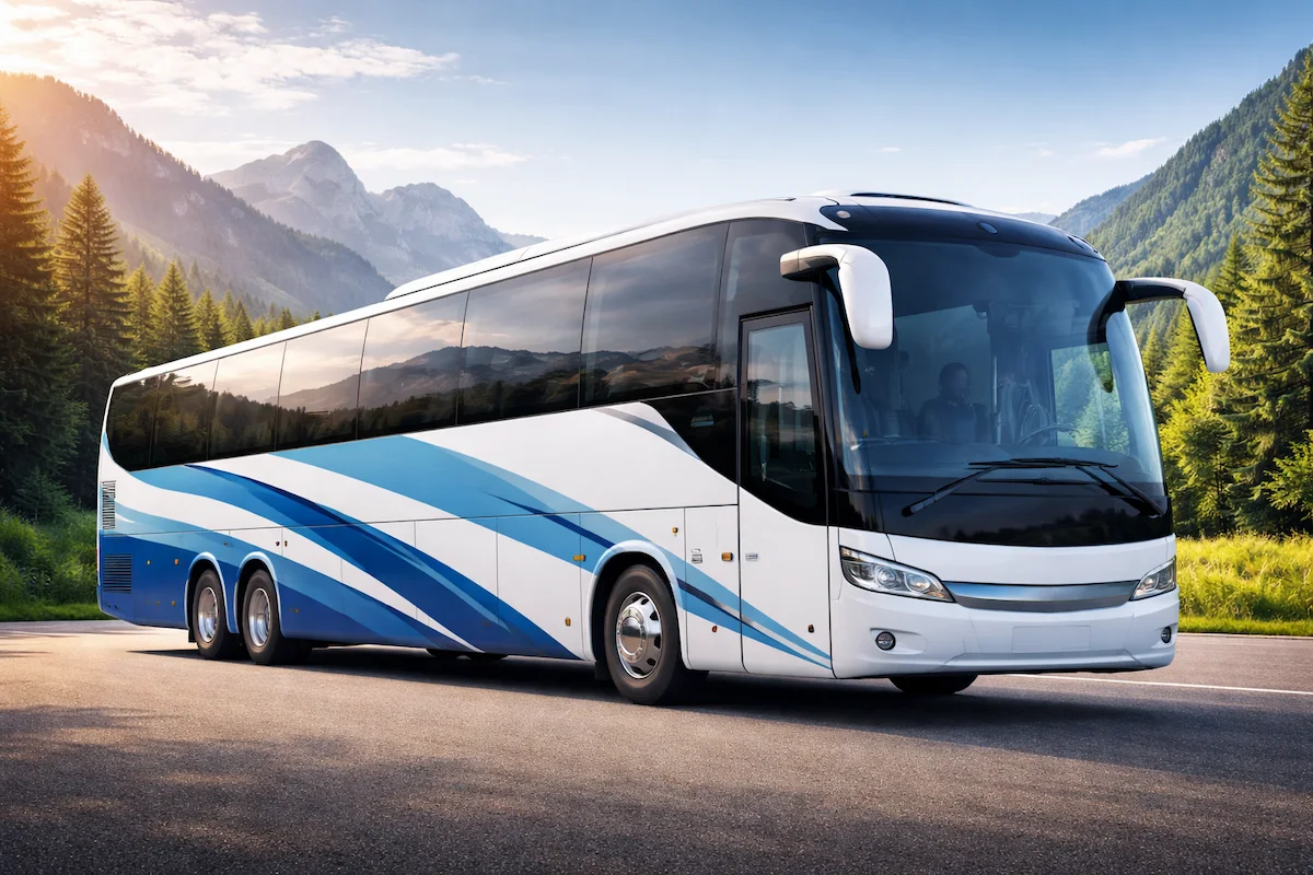 Modern white and blue coach bus on a mountain road, showing large windows, smooth body lines, multiple axles, and a forested mountain background.