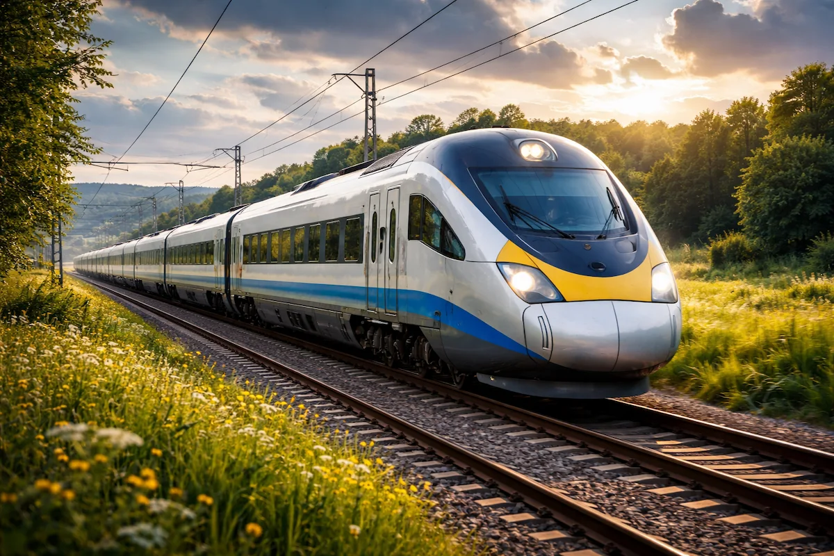 Modern passenger train on railway tracks, showing a sleek aerodynamic front, multiple carriages, overhead power lines, and a scenic green landscape.