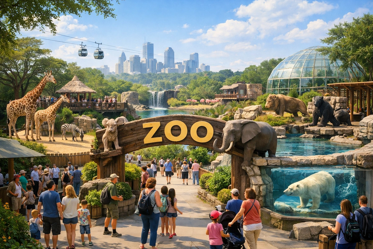 Landscape image of a busy zoo entrance with visitors walking past animal enclosures, including elephants, giraffes, bears, and a glass habitat in a green park setting.
