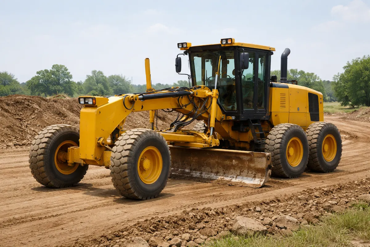 Yellow motor grader with a long central blade working on a dirt road, used for leveling surfaces and fine grading in road construction projects.