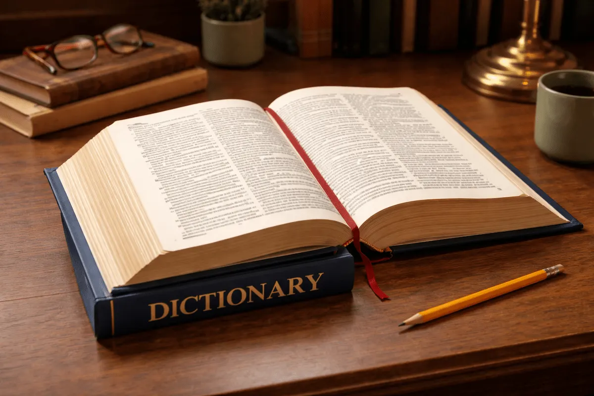 Open dictionary on a wooden desk with a pencil and books, representing vocabulary study, word meanings, and language reference in a quiet study setting.