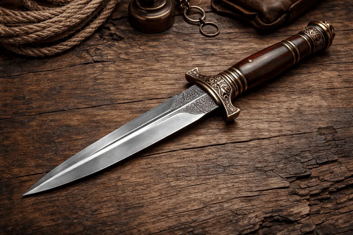 Decorative dagger with a sharp double-edged blade and carved handle placed on a wooden table, showing a classic historical weapon design.
