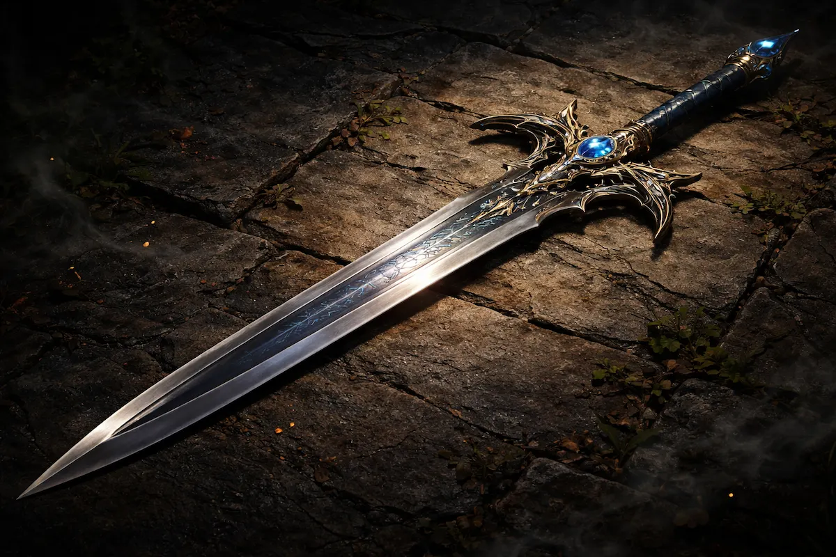 Ornate fantasy sword with a polished steel blade, decorative golden hilt, and a blue gemstone, placed on a stone floor in a dark, dramatic setting.