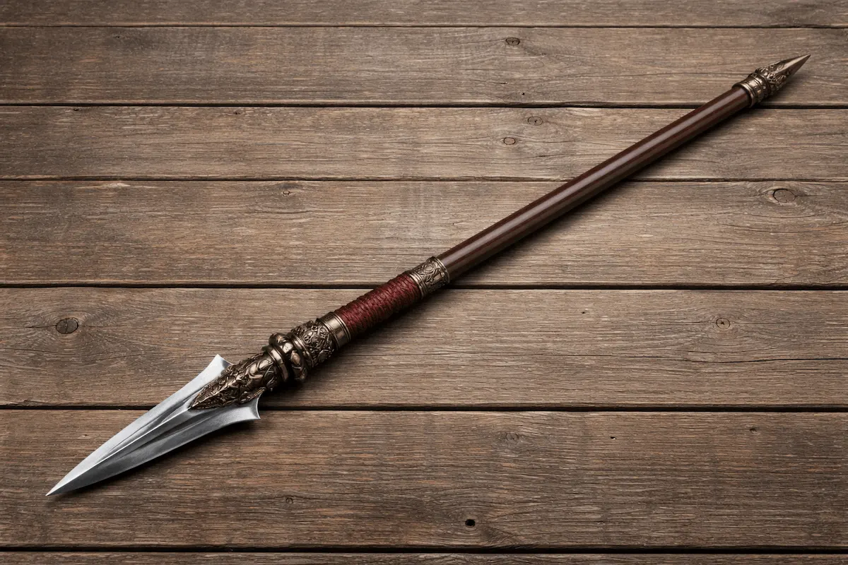 Decorative spear featuring a sharp metal tip and a polished wooden shaft placed on a wooden background, representing a classic historical weapon.