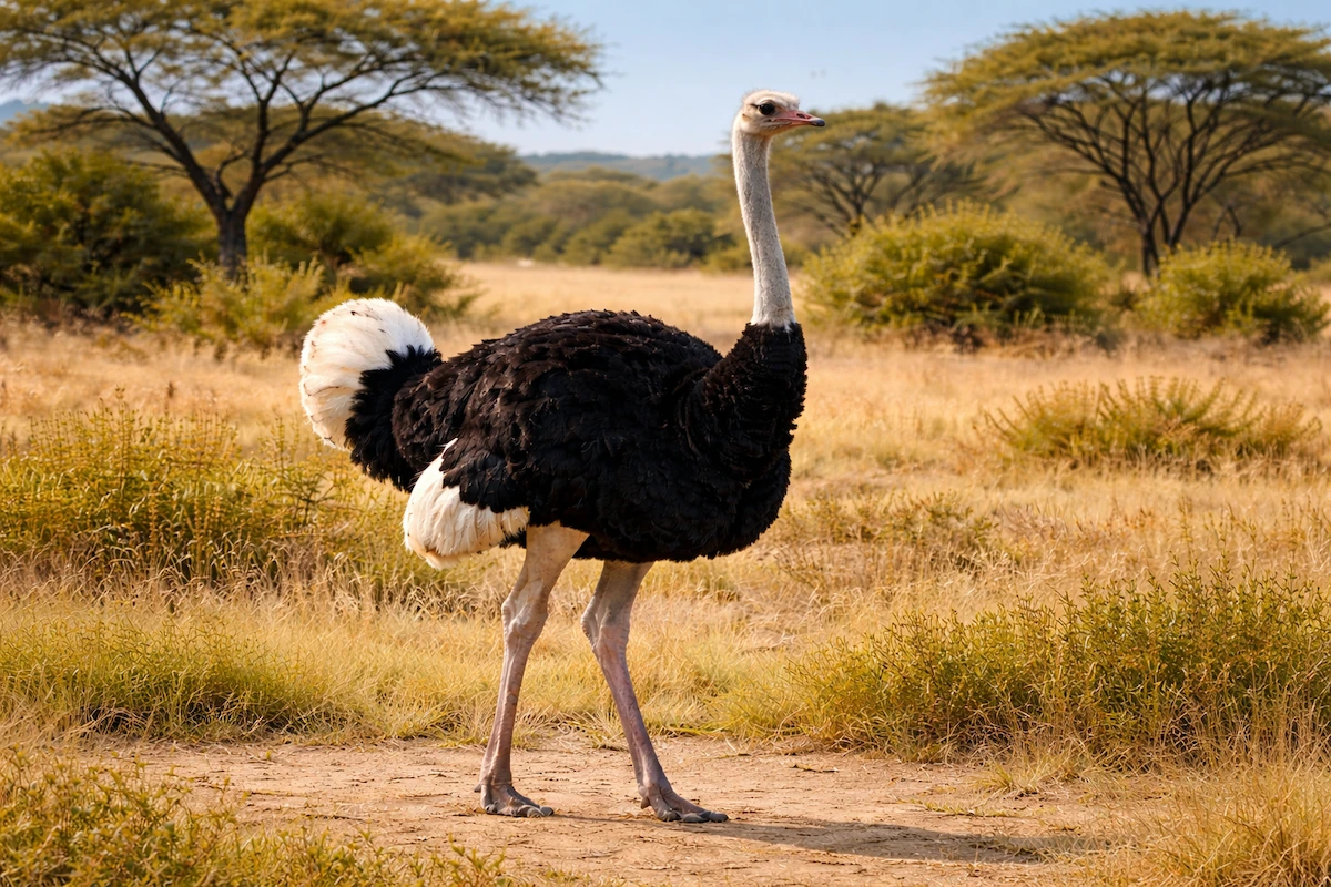 Clear landscape photo of an ostrich standing in dry grassland at midday, showing its long neck, black-and-white feathers, and tall legs in sharp focus.