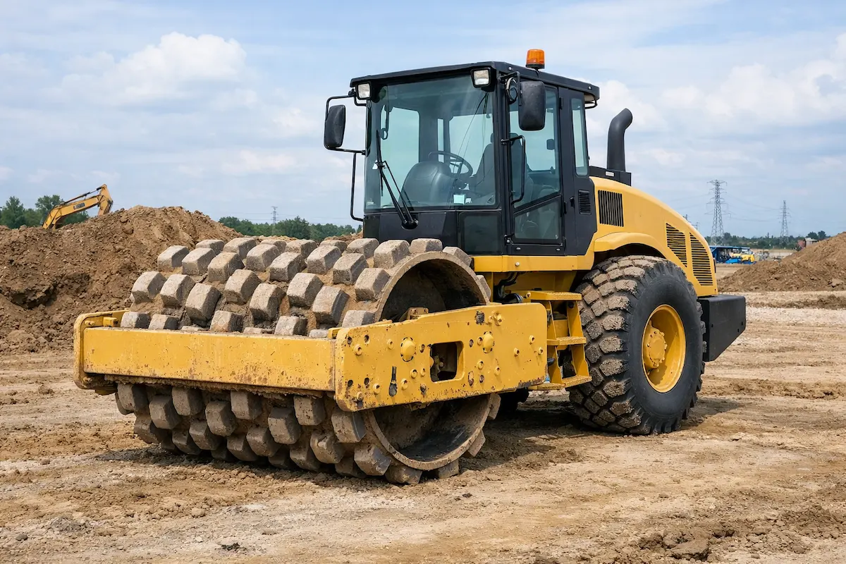 Yellow padfoot soil compactor with spiked drum compacting dirt at a construction site under a cloudy sky.
