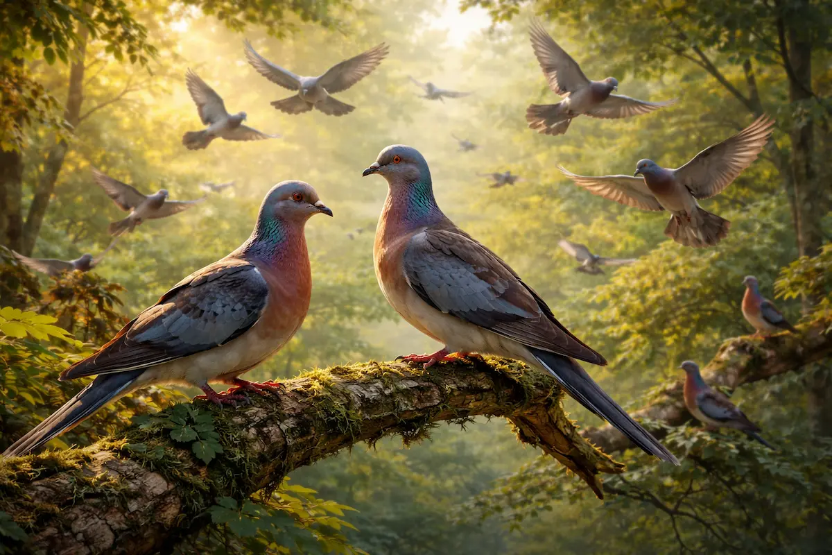 Passenger pigeon perched on a branch with a massive flock in the sky, illustrating an extinct bird species that once filled North American forests.