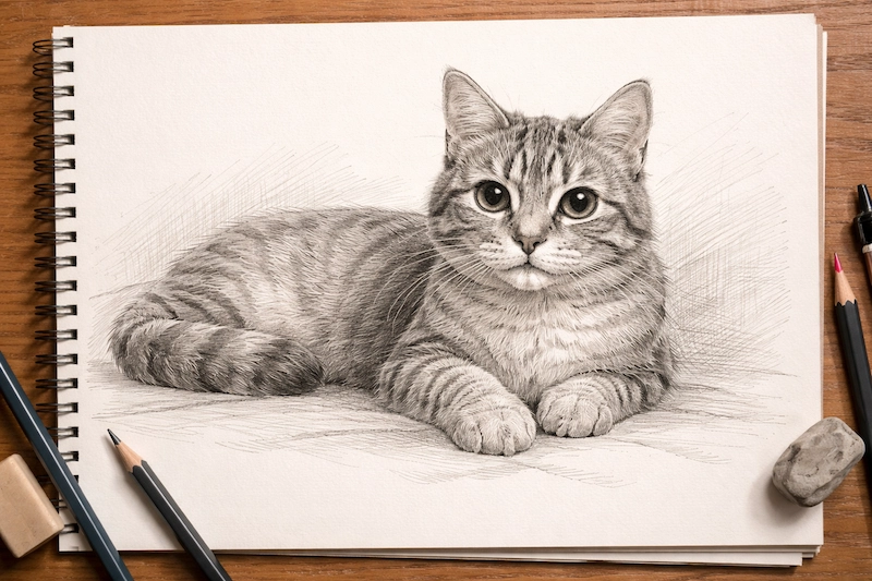 Pencil drawing of a cat lying calmly on paper, with realistic fur details, gentle shading, and visible sketch lines in a landscape composition.