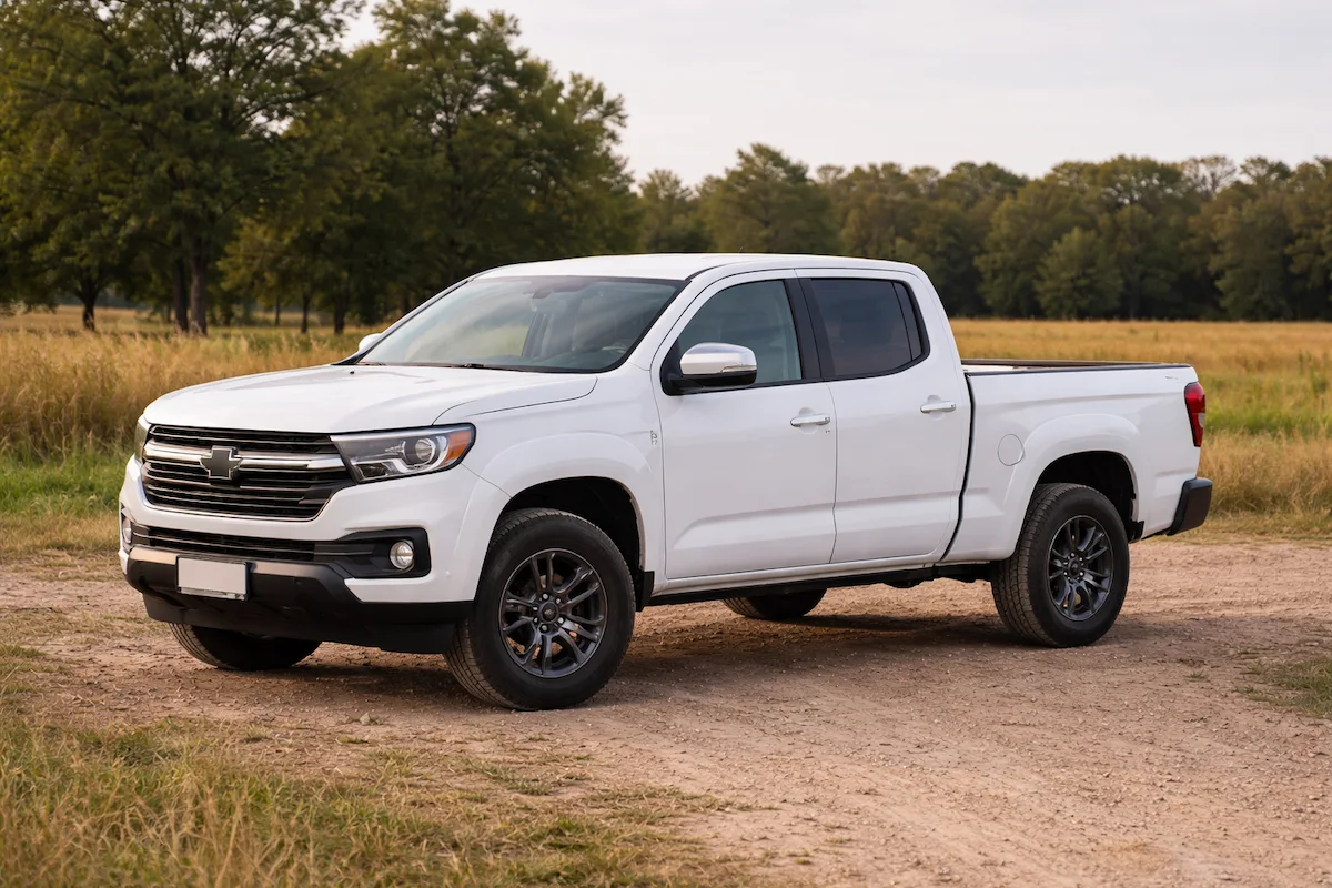 White pickup truck parked outdoors in a rural setting, showing a four-door pickup vehicle with an open cargo bed.