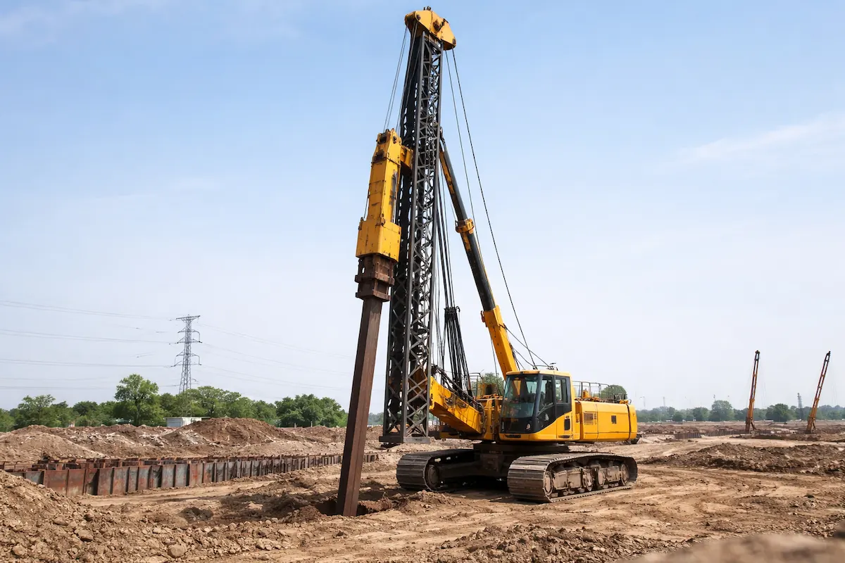 Large pile driver machine hammering a steel pile into the soil at an active construction foundation site.