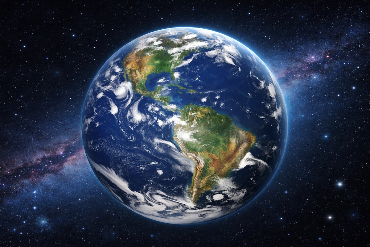 Landscape image of Earth viewed from space, displaying North and South America, cloud formations, oceans, and a bright atmospheric glow surrounded by stars.