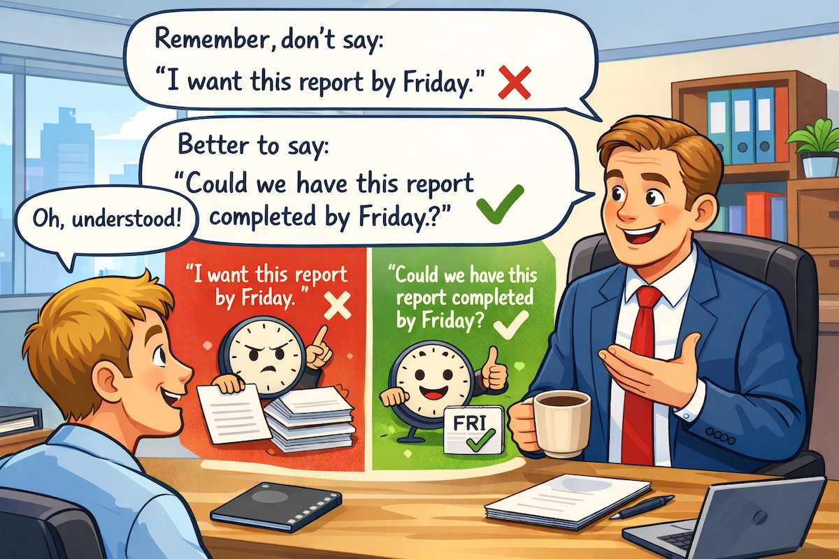Cartoon illustration of a manager and employee in an office, comparing a direct command with a more polite and professional way to ask for a report to be finished by Friday.
