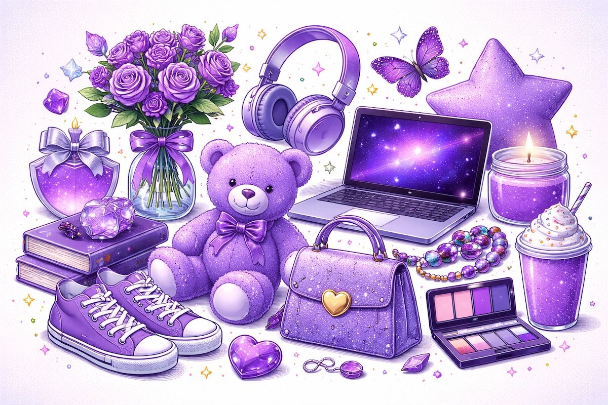 Landscape illustration showing a collection of purple-colored objects such as flowers, accessories, shoes, bags, and decorative items arranged in a cohesive and colorful composition.