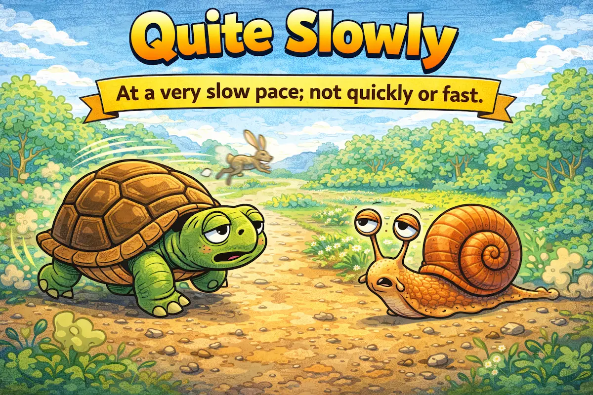 Colorful cartoon illustration of the phrase quite slowly, featuring a tortoise and a snail to represent very slow and unhurried movement.