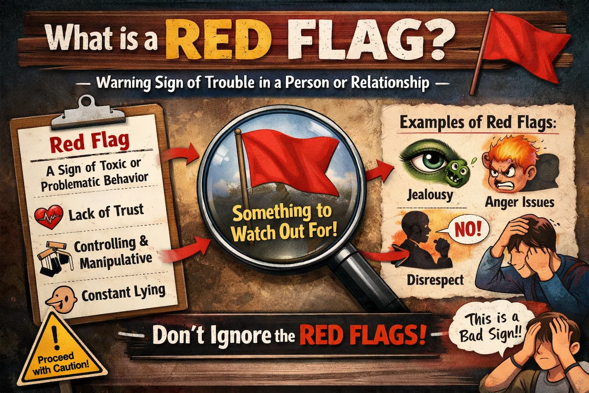 Illustration explaining the slang red flag as a warning sign, showing examples like jealousy, anger issues, disrespect, and toxic behavior in relationships.