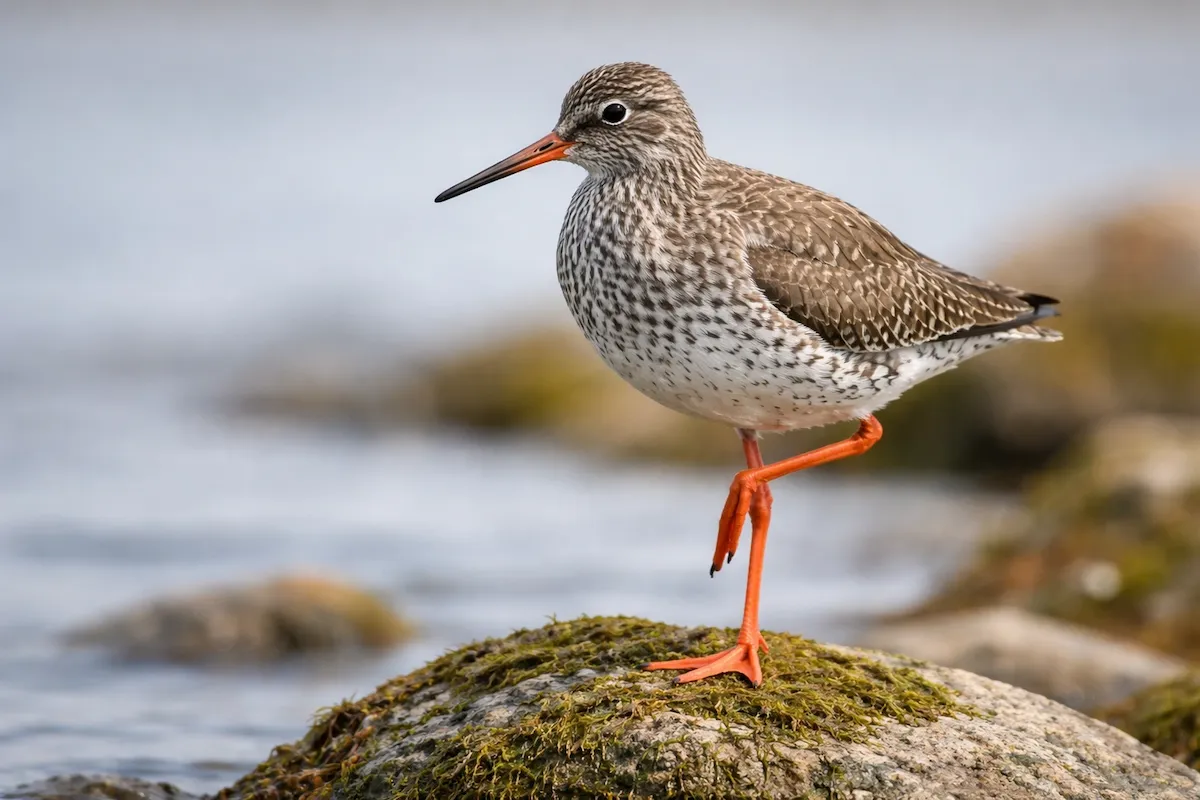 A redshank bird standing on a rock near shallow water, showing vivid red legs, a thin bill with an orange base, mottled brown feathers, and a soft coastal background.