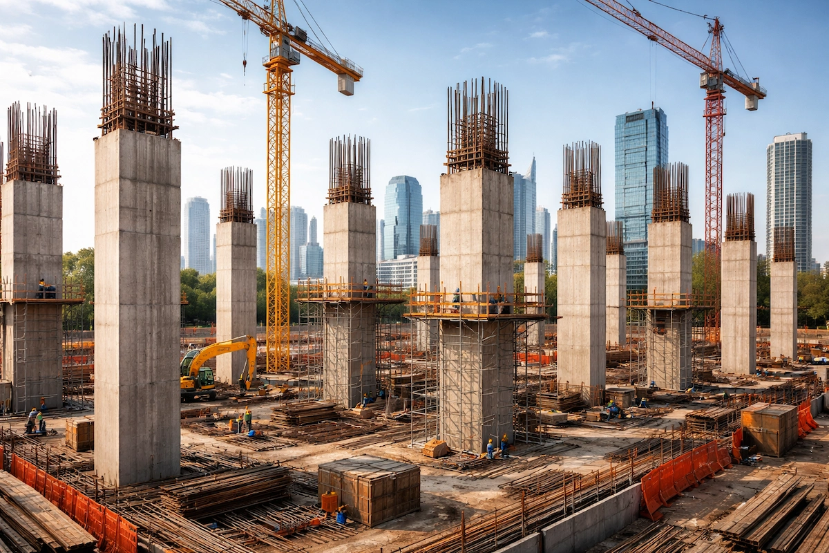 Landscape photo of a construction site showing tall concrete pillars with exposed steel rebar, cranes, workers, and surrounding city buildings during early structural development.