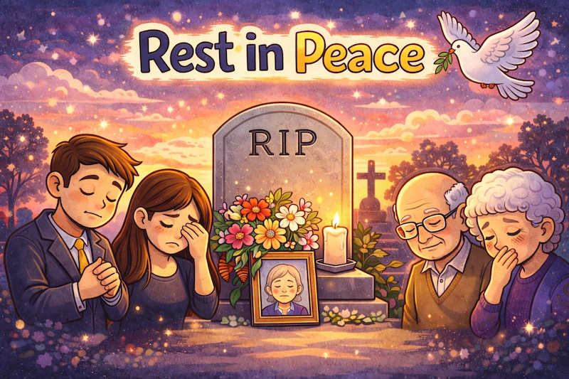 Cartoon illustration of Rest in Peace with mourners beside a gravestone, flowers, a candle, and a dove, representing sympathy, loss, and peaceful remembrance.