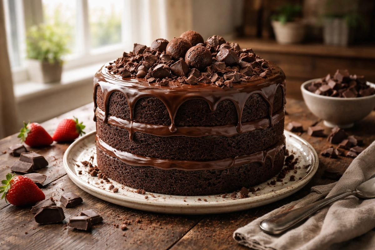 Landscape photo of a decadent chocolate cake with multiple layers, dripping ganache, chocolate toppings, and strawberries arranged on a wooden surface.