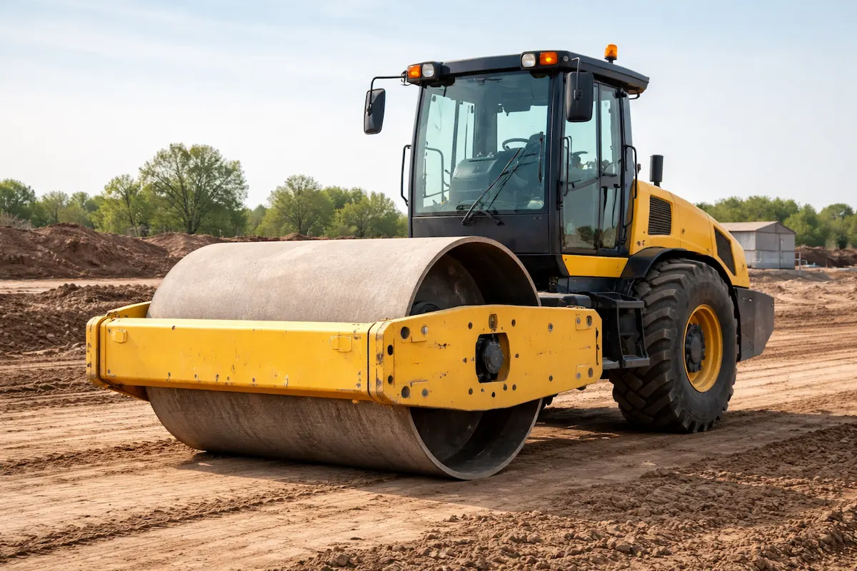 Yellow road roller machine with large steel drum compacting soil at a construction site under clear sky.