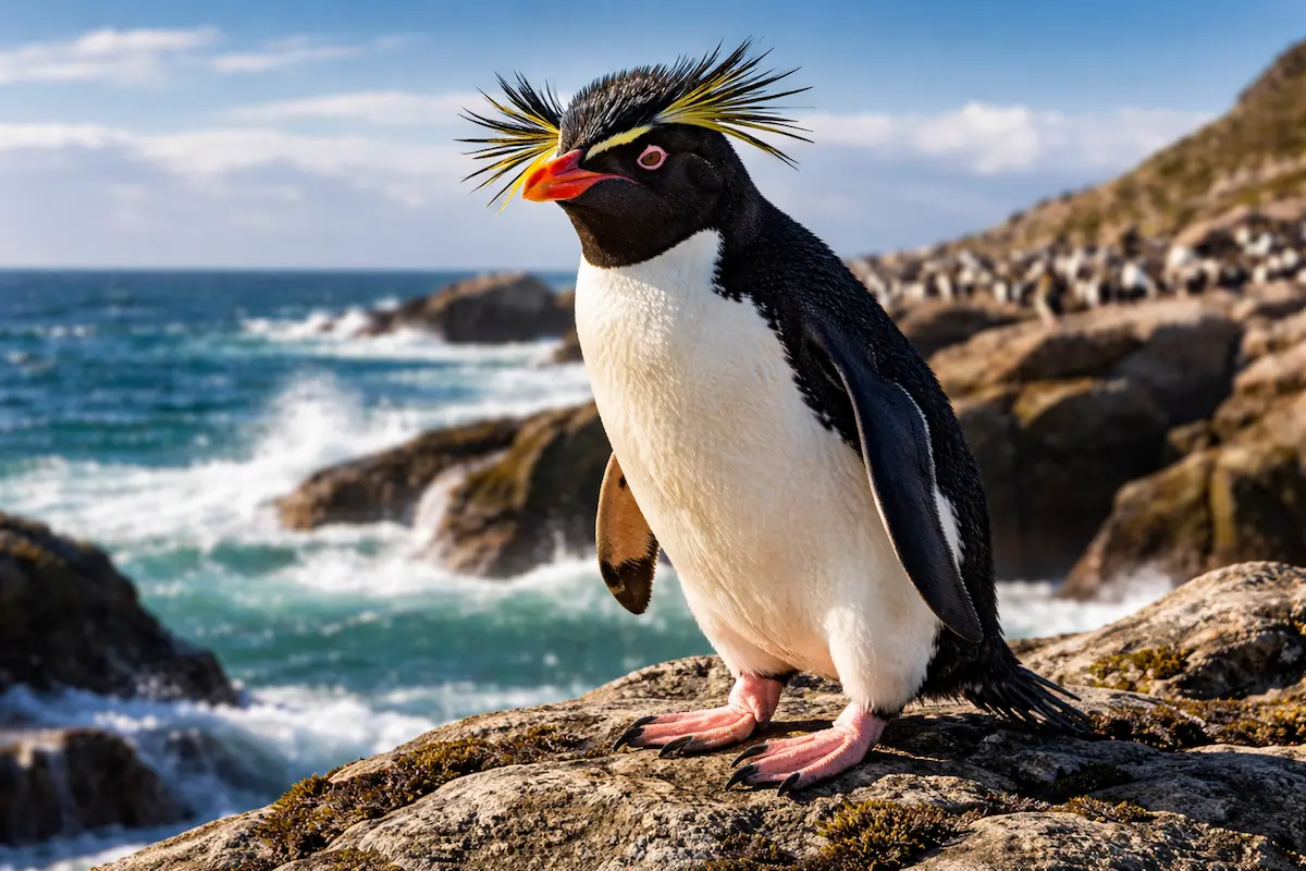 Rockhopper penguin standing on rocky coastline near the ocean, showing its yellow crest feathers, red beak, and natural seaside habitat.