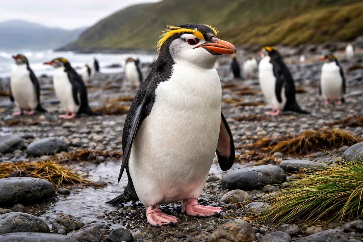 A royal penguin standing on a pebble-covered shoreline, showing a white face, yellow head crests, orange bill, pink feet, and other penguins blurred in the background.
`