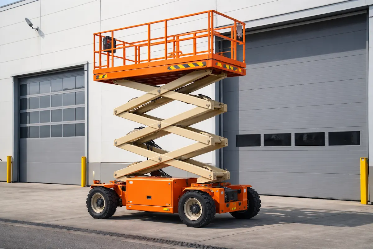 Orange scissor lift with extended crisscross mechanism and raised platform in front of a warehouse, used for vertical lifting tasks.