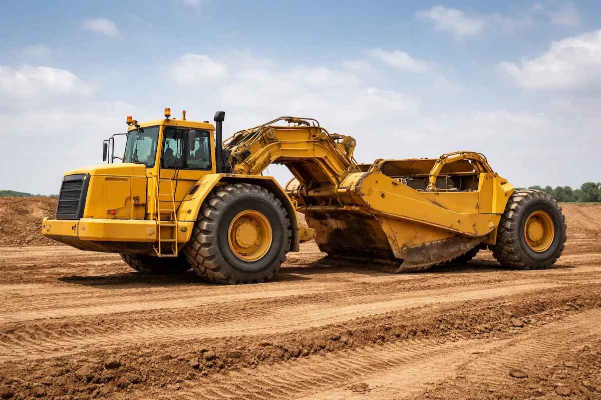 Landscape image of a yellow scraper heavy equipment machine moving soil at a construction site with large wheels and earthmoving blade visible.