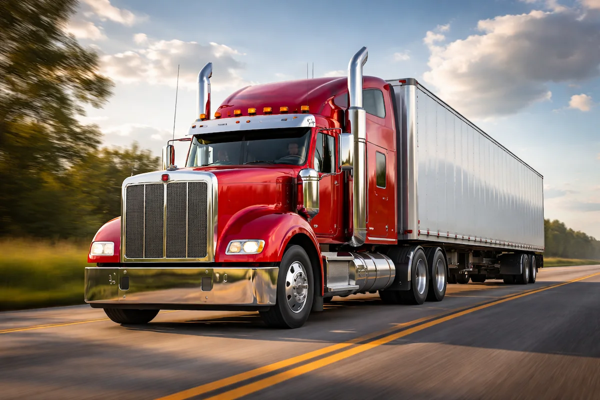 Large red semi truck with a long white trailer driving on a highway, showing chrome grille, multiple axles, and motion blur from fast road travel.