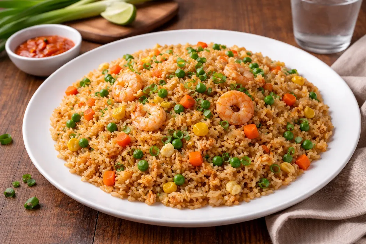 Landscape photo of shrimp fried rice with vegetables, including peas, carrots, and corn, neatly served on a white plate on a wooden table.